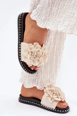 Klapki Damskie Z Materiałowymi Kwiatami Beżowe Elachase