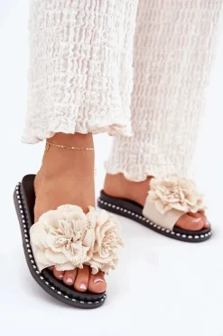 Klapki Damskie Z Materiałowymi Kwiatami Beżowe Elachase