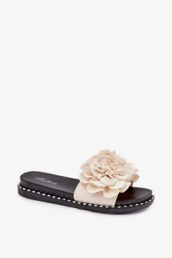 Klapki Damskie Z Materiałowymi Kwiatami Beżowe Elachase