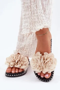 Klapki Damskie Z Materiałowymi Kwiatami Beżowe Elachase