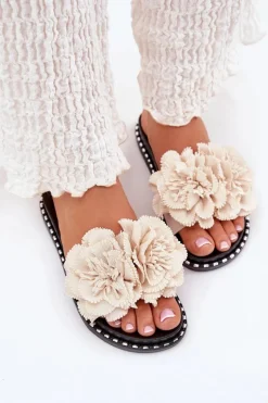 Klapki Damskie Z Materiałowymi Kwiatami Beżowe Elachase