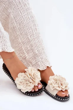 Klapki Damskie Z Materiałowymi Kwiatami Beżowe Elachase