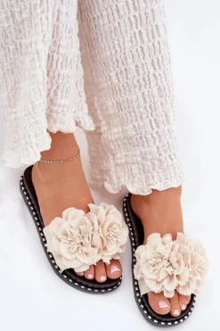 Klapki Damskie Z Materiałowymi Kwiatami Beżowe Elachase