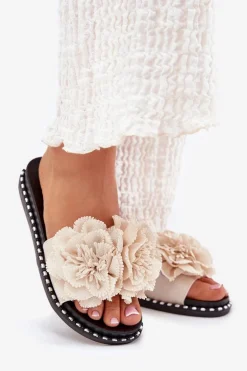 Klapki Damskie Z Materiałowymi Kwiatami Beżowe Elachase