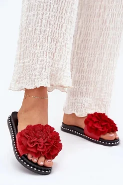 Klapki Damskie Z Materiałowymi Kwiatami Czerwone Elachase