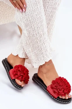 Klapki Damskie Z Materiałowymi Kwiatami Czerwone Elachase