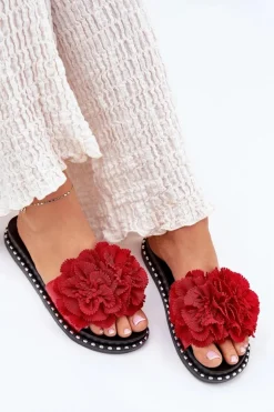 Klapki Damskie Z Materiałowymi Kwiatami Czerwone Elachase