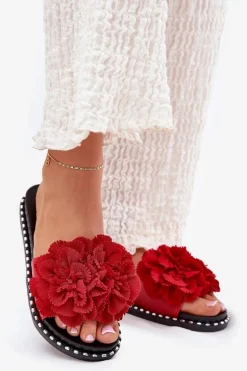 Klapki Damskie Z Materiałowymi Kwiatami Czerwone Elachase