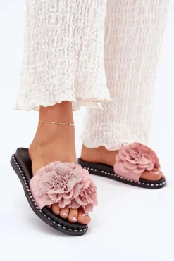 Klapki Damskie Z Materiałowymi Kwiatami Różowe Elachase