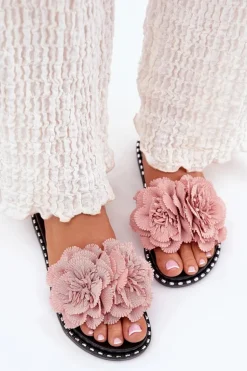 Klapki Damskie Z Materiałowymi Kwiatami Różowe Elachase