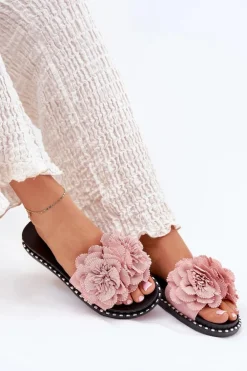 Klapki Damskie Z Materiałowymi Kwiatami Różowe Elachase