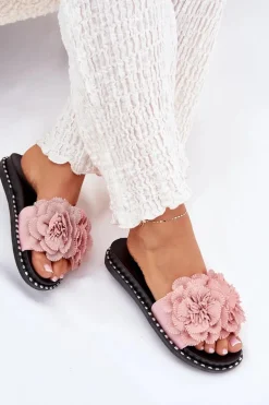 Klapki Damskie Z Materiałowymi Kwiatami Różowe Elachase