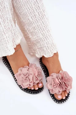 Klapki Damskie Z Materiałowymi Kwiatami Różowe Elachase