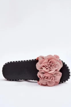 Klapki Damskie Z Materiałowymi Kwiatami Różowe Elachase