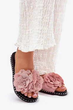 Klapki Damskie Z Materiałowymi Kwiatami Różowe Elachase