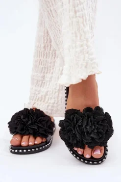 Klapki Damskie Z Materiałowymi Kwiatami Czarne Elachase