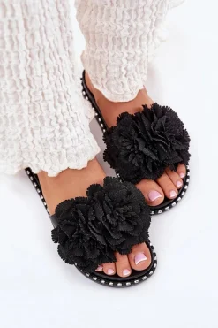 Klapki Damskie Z Materiałowymi Kwiatami Czarne Elachase