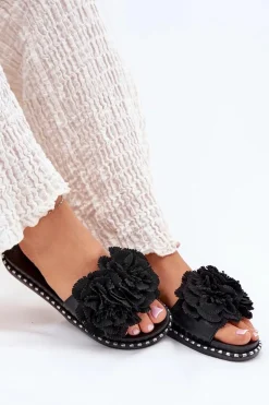 Klapki Damskie Z Materiałowymi Kwiatami Czarne Elachase