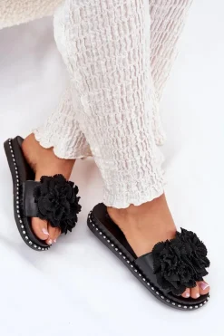 Klapki Damskie Z Materiałowymi Kwiatami Czarne Elachase