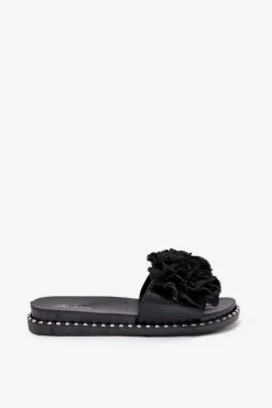 Klapki Damskie Z Materiałowymi Kwiatami Czarne Elachase
