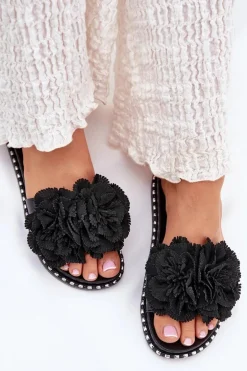 Klapki Damskie Z Materiałowymi Kwiatami Czarne Elachase