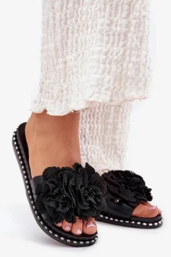 Klapki Damskie Z Materiałowymi Kwiatami Czarne Elachase