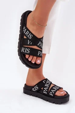 Klapki Damskie Z Materiałowymi Paskami Paris Na Platformie Czarne Celinea