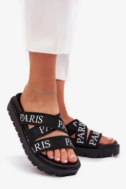Klapki Damskie Z Materiałowymi Paskami Paris Na Platformie Czarne Celinea