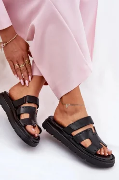 Klapki Damskie Z Naturalnej Skóry Na Platformie Zazoo 40440 Czarne