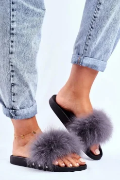 Klapki Damskie z Naturalnym Futerkiem Szare Bushido