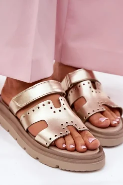 Klapki Damskie Z Naturalnej Skóry Na Platformie Zazoo 40440 Złote