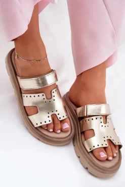 Klapki Damskie Z Naturalnej Skóry Na Platformie Zazoo 40440 Złote