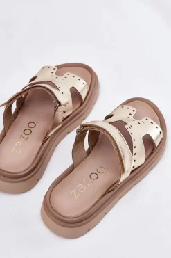 Klapki Damskie Z Naturalnej Skóry Na Platformie Zazoo 40440 Złote