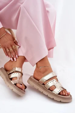 Klapki Damskie Z Naturalnej Skóry Na Platformie Zazoo 40440 Złote