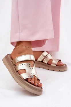 Klapki Damskie Z Naturalnej Skóry Na Platformie Zazoo 40440 Złote