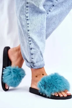 Klapki Damskie z Naturalnym Futerkiem Zielone Bushido