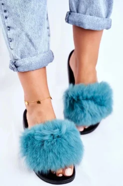 Klapki Damskie z Naturalnym Futerkiem Zielone Bushido