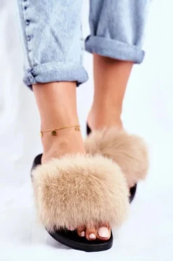 Klapki Damskie z Naturalnym Futerkiem Beżowe Bushido