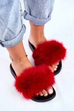 Klapki Damskie z Naturalnym Futerkiem Czerwone Bushido