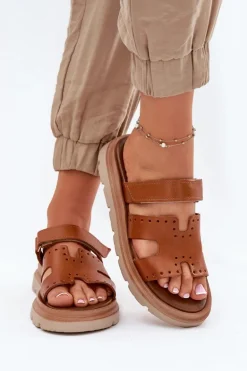 Klapki Damskie Z Naturalnej Skóry Na Platformie Zazoo 40440 Brązowe