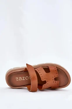 Klapki Damskie Z Naturalnej Skóry Na Platformie Zazoo 40440 Brązowe