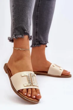 Klapki Damskie Z Ozdobą Beżowe Ollavia