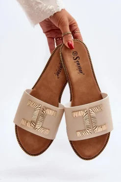 Klapki Damskie Z Ozdobą Beżowe Ollavia