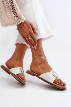 Klapki Damskie Z Ozdobą Białe Cilima