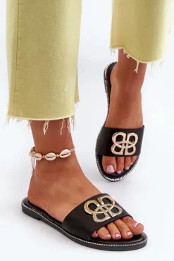 Klapki Damskie Z Ozdobą Eko Skórzane Na Płaskim Obcasie Czarne Sadria