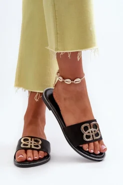 Klapki Damskie Z Ozdobą Eko Skórzane Na Płaskim Obcasie Czarne Sadria