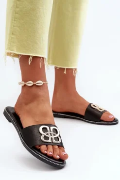 Klapki Damskie Z Ozdobą Eko Skórzane Na Płaskim Obcasie Czarne Sadria