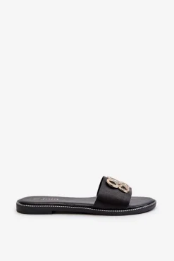 Klapki Damskie Z Ozdobą Eko Skórzane Na Płaskim Obcasie Czarne Sadria