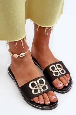 Klapki Damskie Z Ozdobą Eko Skórzane Na Płaskim Obcasie Czarne Sadria