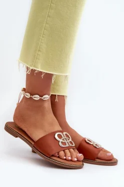 Klapki Damskie Z Ozdobą Eko Skórzane Na Płaskim Obcasie Brązowe Sadria